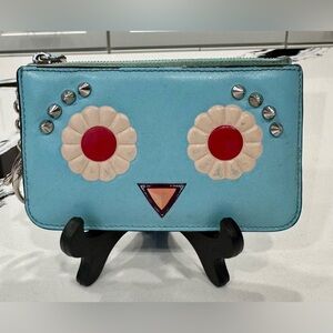 Authentic Fendi Monster Blue Floral Leather Coin Pouch Keychain • 5x3